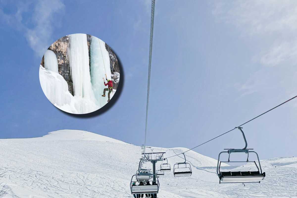 Neve con skipass e in evidenza una cascata di ghiaccio