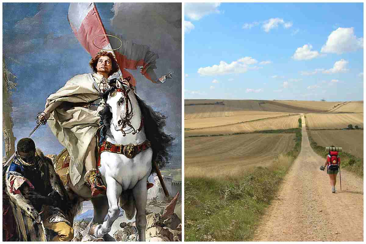 Il santo in un quadro di Tiepolo e un pellegrino che attraversa una campagna