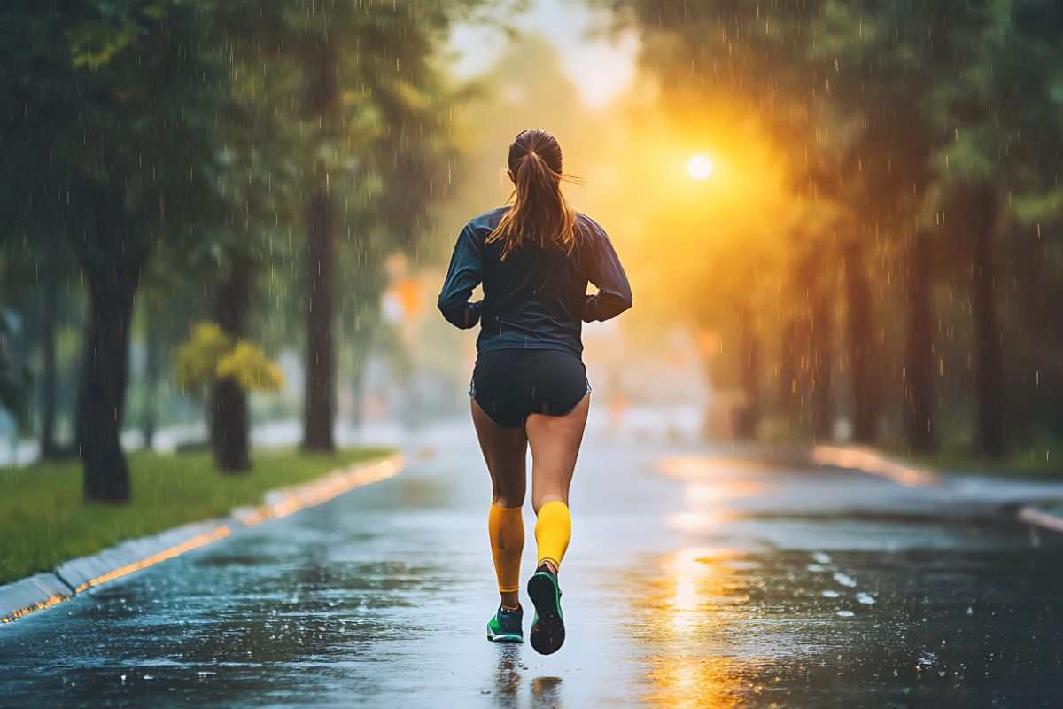 donna di spalle che corre su una strada sotto la pioggia