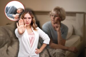 donna insonne, un'altra che usa smartphone a letto e un'altra donna che fa stop con le mani