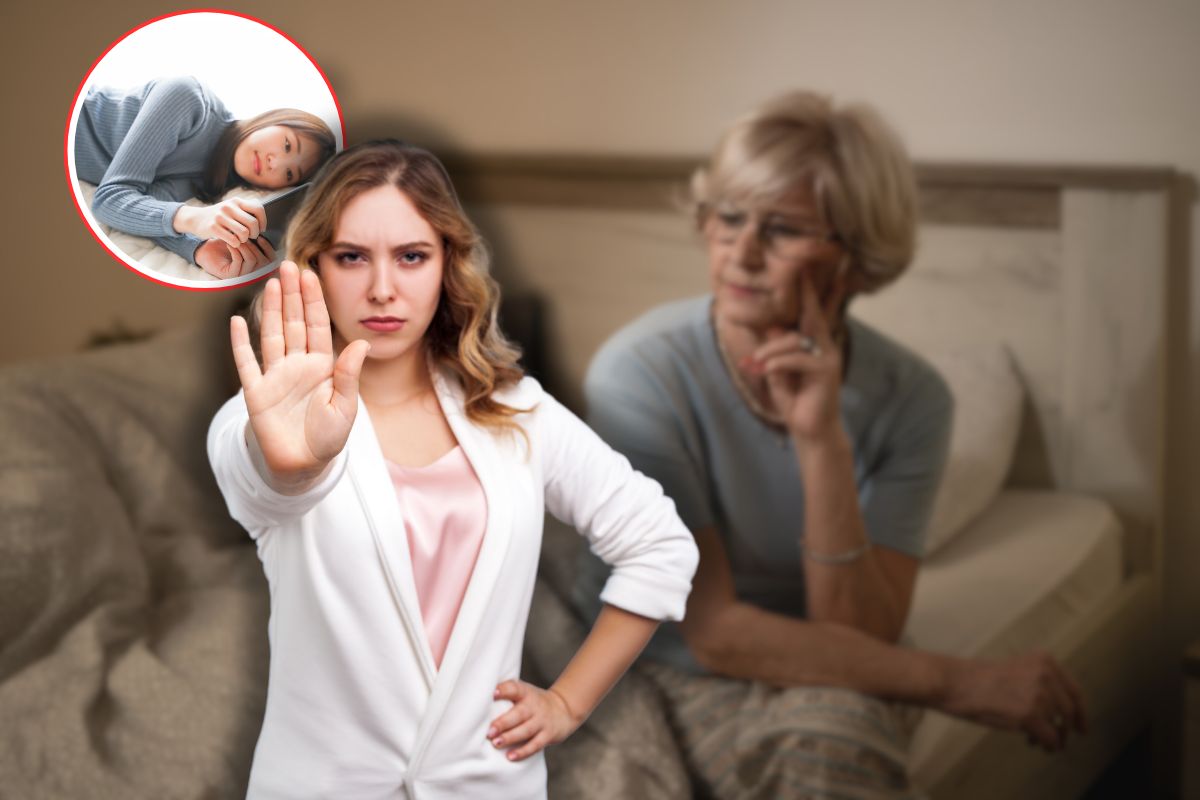 donna insonne, un'altra che usa smartphone a letto e un'altra donna che fa stop con le mani