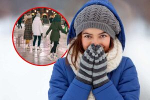 ragazza con giaccone e cappello e persone che pattinano sul ghiaccio nel riquadro