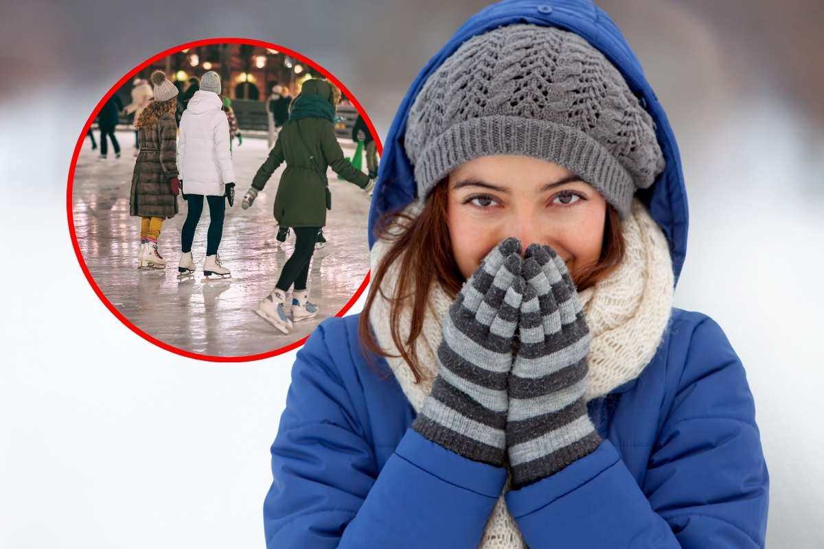 ragazza con giaccone e cappello e persone che pattinano sul ghiaccio nel riquadro