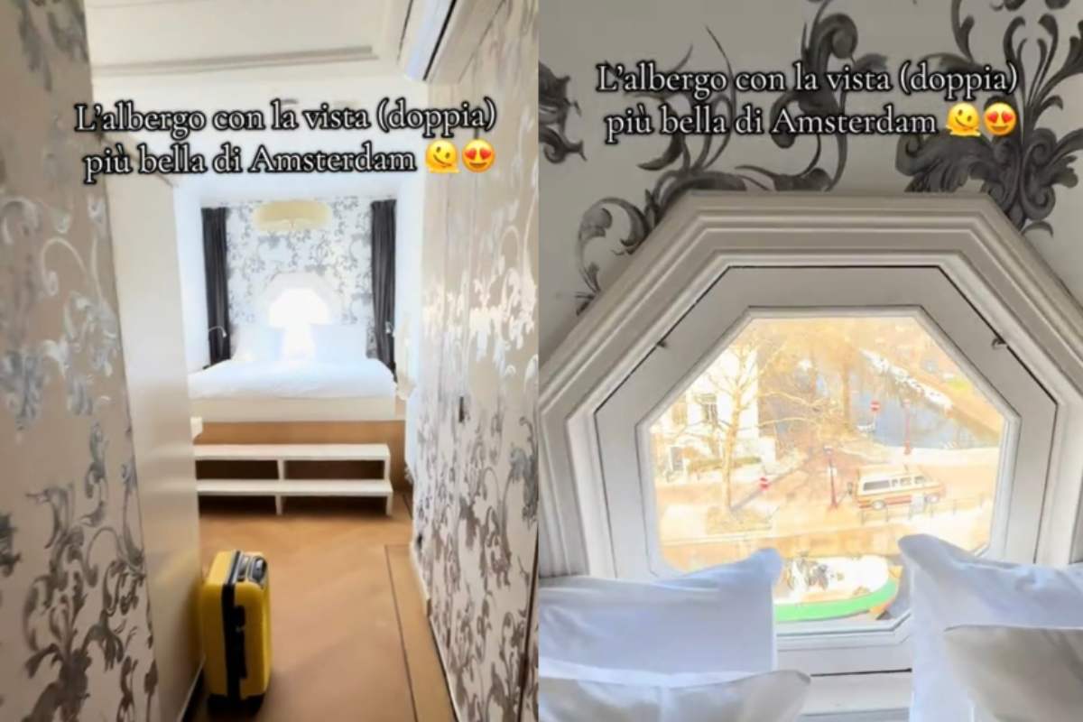 Collage di foto di una stanza di hotel