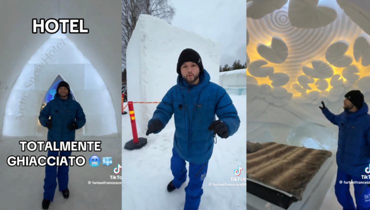 Collage di un ragazzo in un hotel di ghiaccio