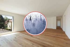 ambiente con parquet moderno e al centro un cerchio che indica una finestra umida