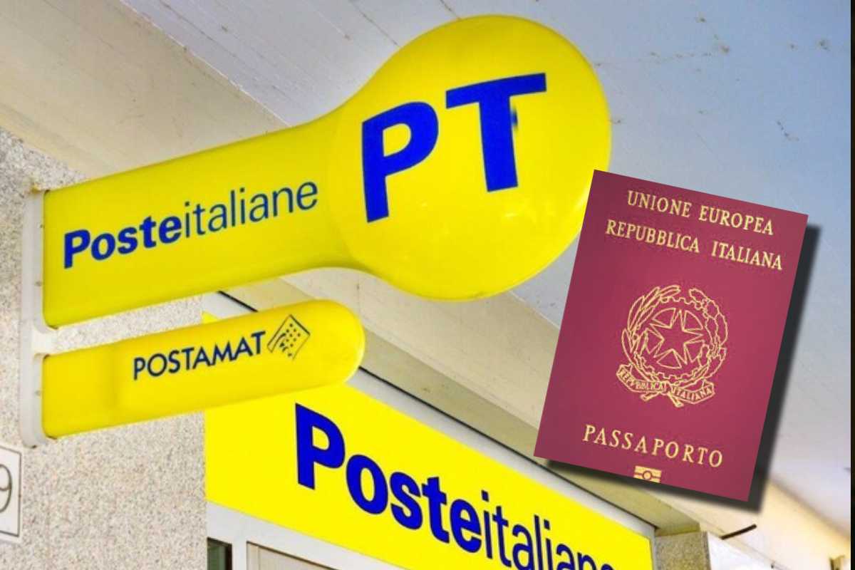 Il logo di Poste Italiane all'esterno di un ufficio e, in evidenza, un passaporto italiano