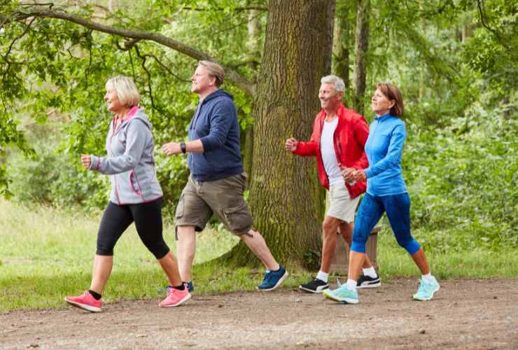 gruppo di amici che cammina a passo sostenuto nel bosco 