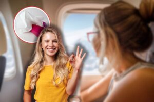 donna in aereo, pacco di fazzoletti in icona e donna sorridente sorpresa