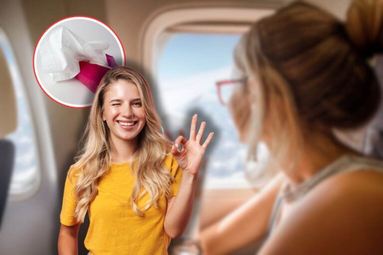 donna in aereo, pacco di fazzoletti in icona e donna sorridente sorpresa